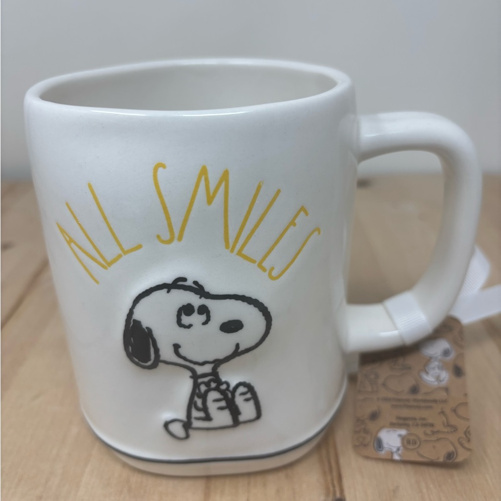 Rae Dunn Snoopy ALL SMILES Mug White Ceramic Black Bottom Trim Peanuts New